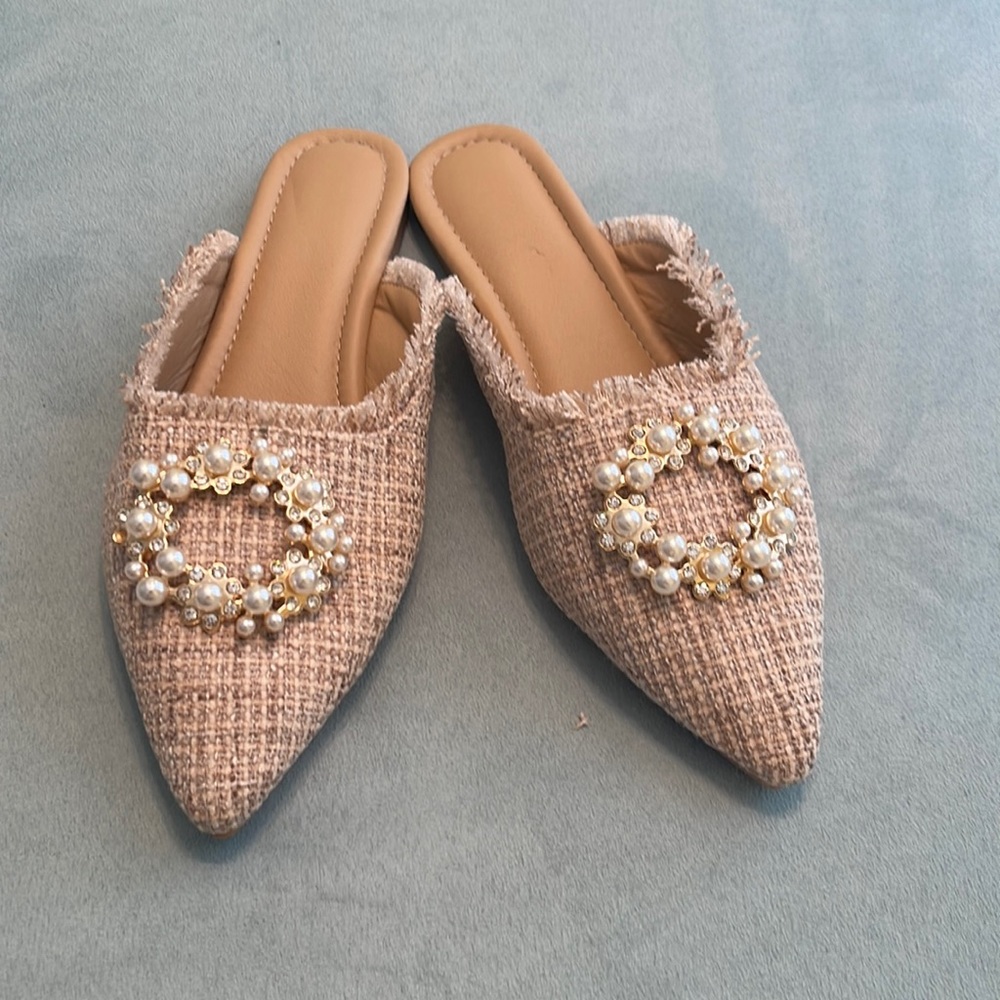 Beaded mules with tweed fabric